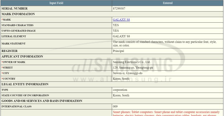 سامسونگ فرم مخصوص علامت تجاری برای گوشی گلکسی اس 8 را به ثبت رساند